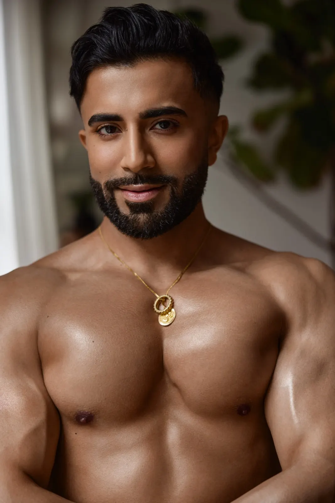Hemel faces the camera in a close shirtless portrait with warm natural light and a gold necklace.