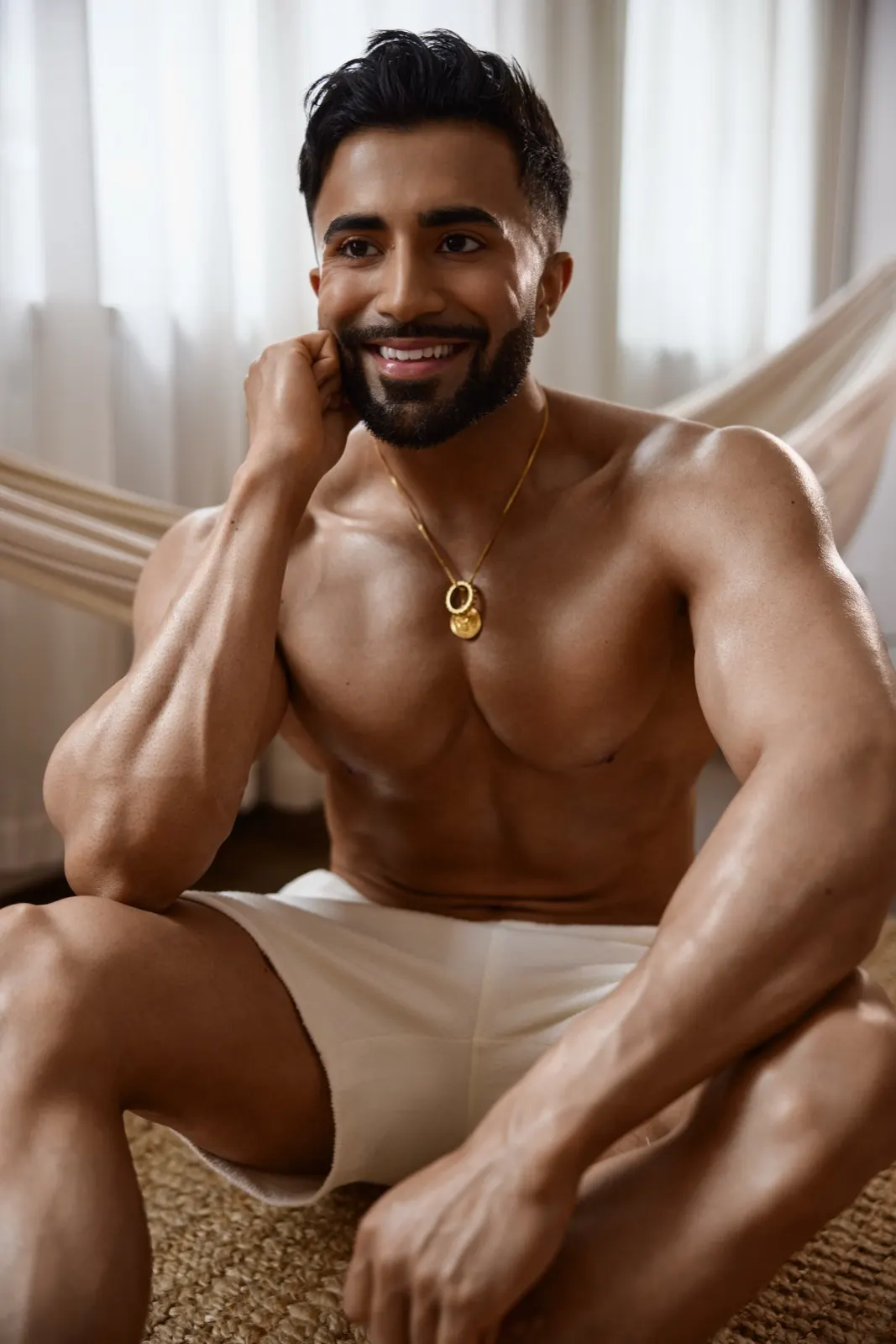 Hemel sits casually in white shorts, smiling beside a hammock and soft curtains in natural light.