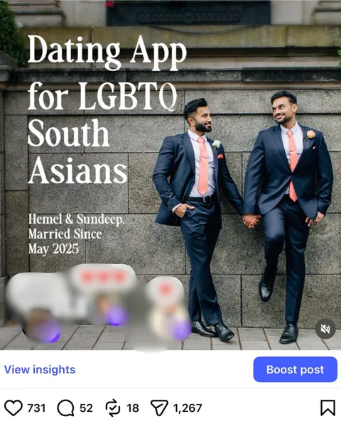 Instagram post showing Hemel and Sundeep holding hands against a stone wall in navy suits with coral ties, captioned 'Dating App for LGBTQ South Asians — Hemel & Sundeep, Married Since May 2025', with 731 likes, 52 comments, 18 reposts and 1,267 shares visible